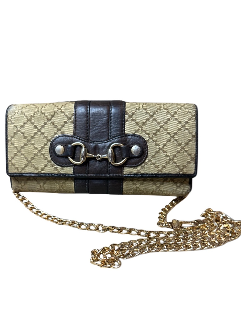 GUCCI Horsebit Diamante Brown Leather and  Beige Canvas Bifold Wallet WOC